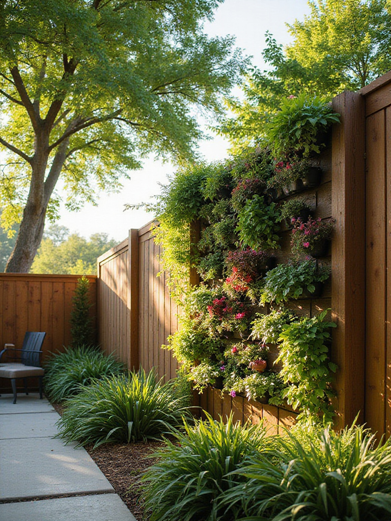 Lush vertical garden on a wooden fence in a modern backyard, maximizing space and adding greenery.