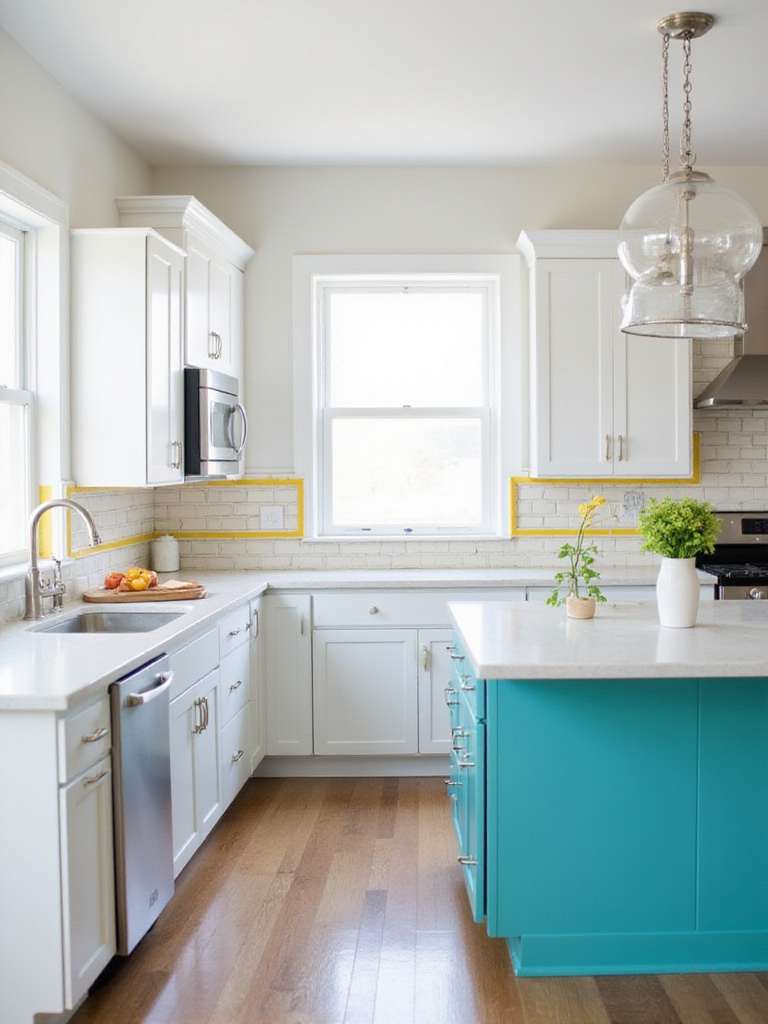 Modern kitchen with vibrant turquoise island and yellow backsplash.