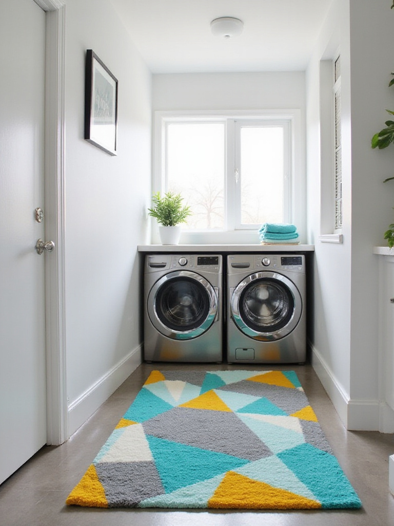 Vibrant geometric rug adding color to a modern laundry room.