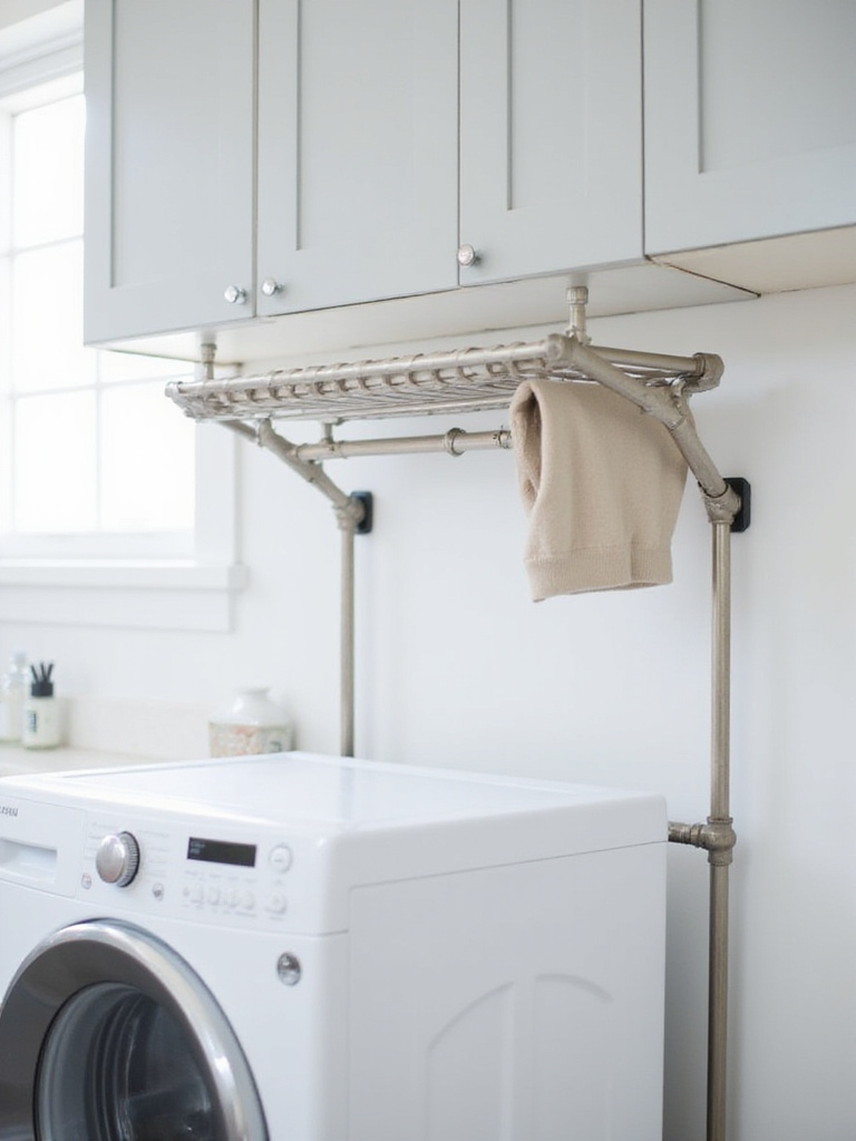 Brushed nickel wall-mounted accordion drying rack above washing machine in modern laundry room.