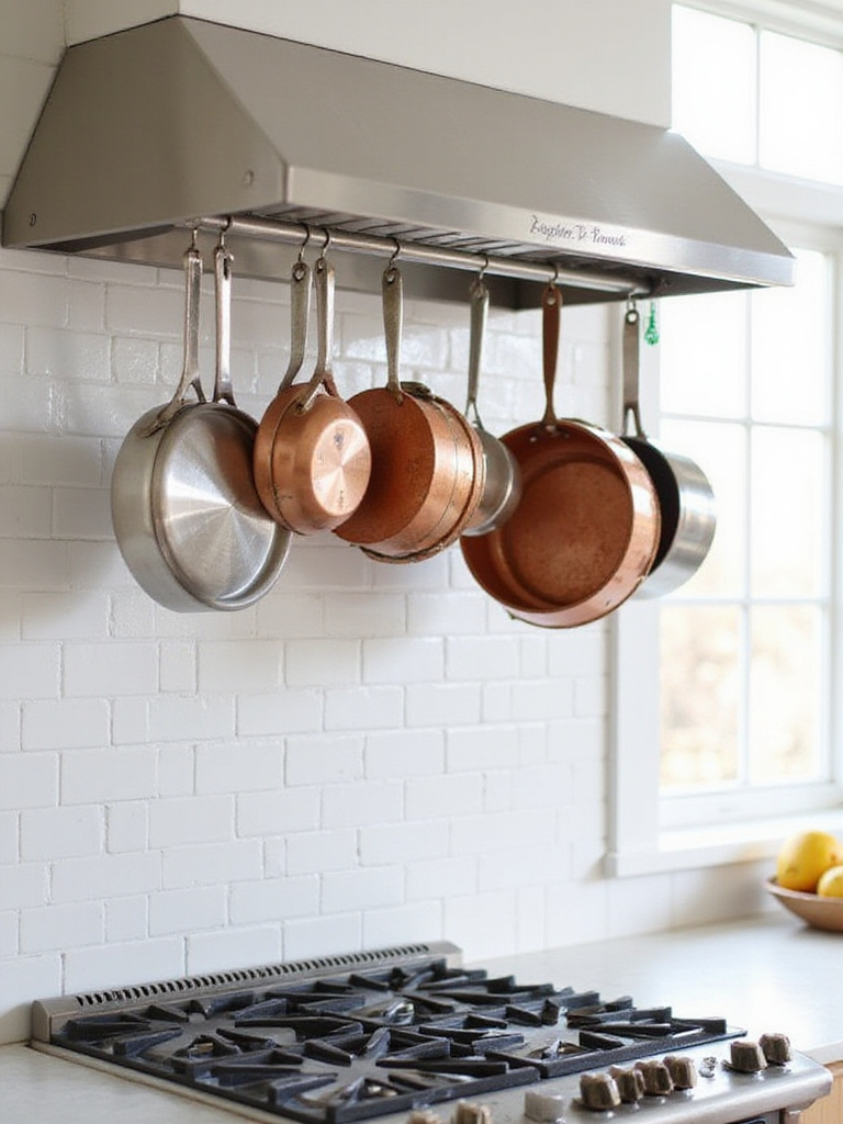 Wall-mounted stainless steel pot and pan rack with copper and stainless steel cookware.