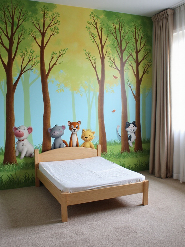 Kids bedroom accent wall with a colorful forest animal mural. The wall art creates a whimsical and imaginative atmosphere in the room.