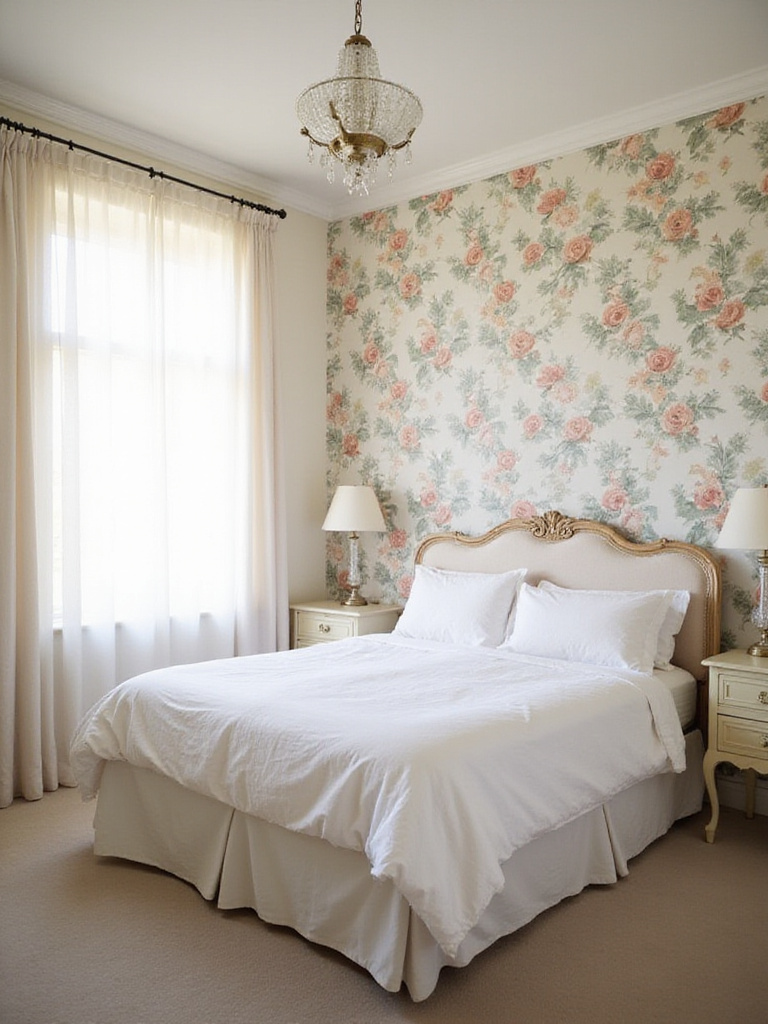 Vintage bedroom with floral wallpaper accent wall and antique furniture