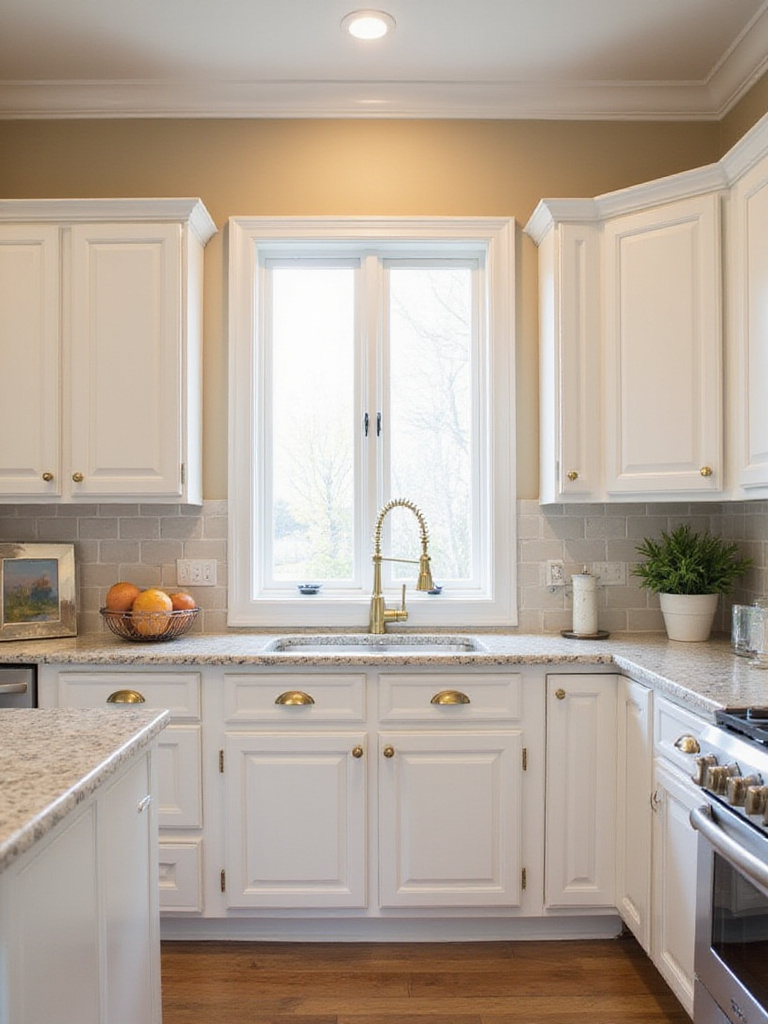 Warm beige kitchen with white cabinets and brass hardware