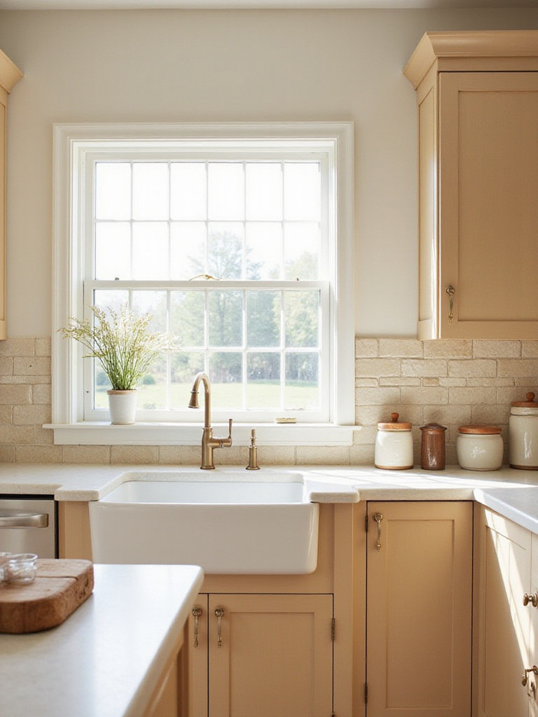 Warm beige and cream kitchen with natural light and textured backsplash