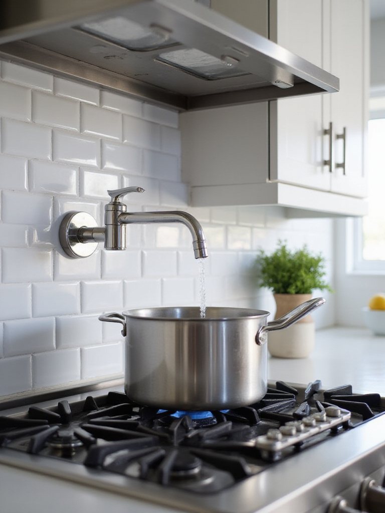 Pot filler faucet above a gas stovetop in a modern kitchen.