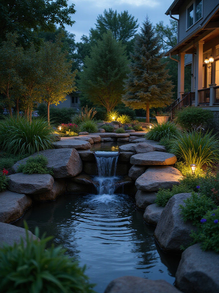 Backyard pond with waterfall and lush landscaping
