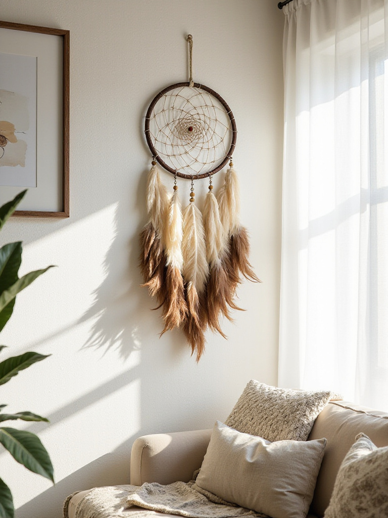 Boho living room with a large dream catcher wall hanging