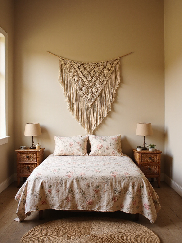 Vintage bedroom with a large macrame wall hanging above the bed.