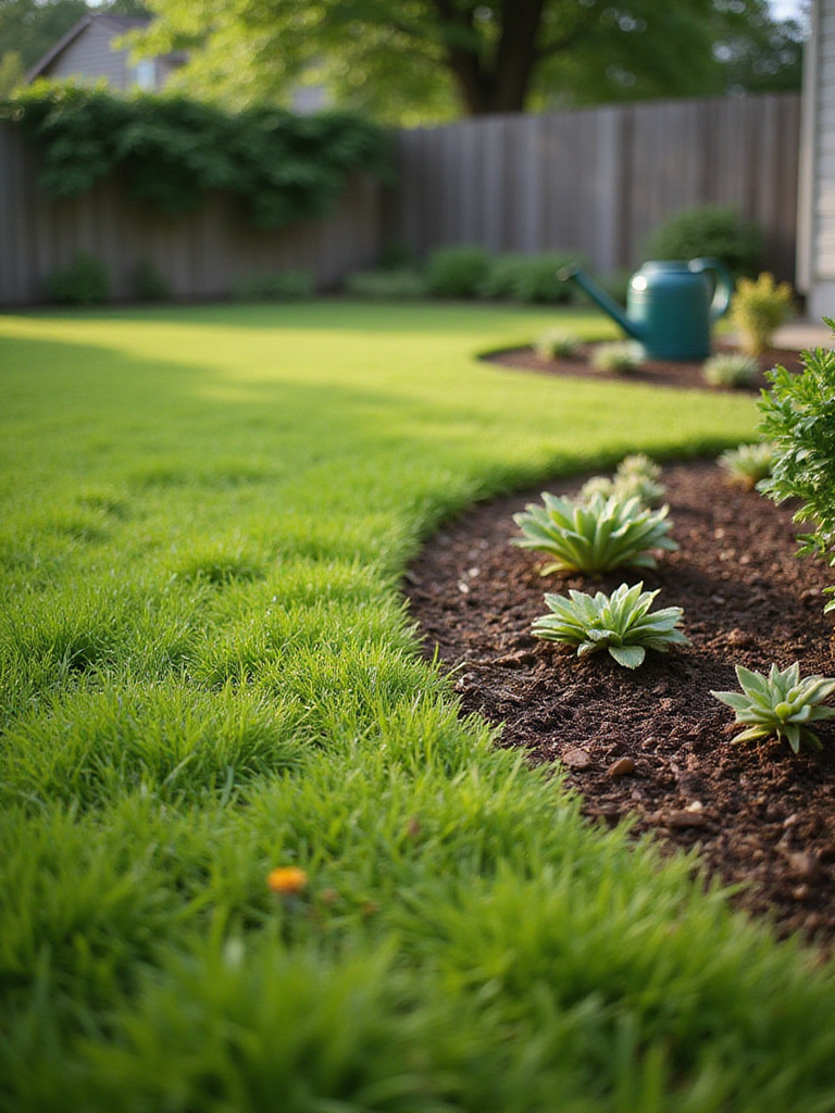 Yard landscaping showing a weed-free flowerbed and areas with weed growth demonstrating effective weed control.