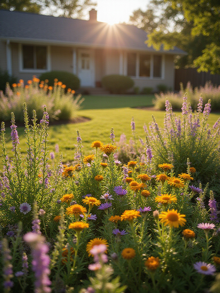 Pollinator-friendly front yard garden with colorful wildflowers.