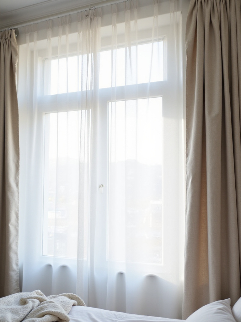 Apartment bedroom window with layered sheer and blackout curtains for light and privacy control