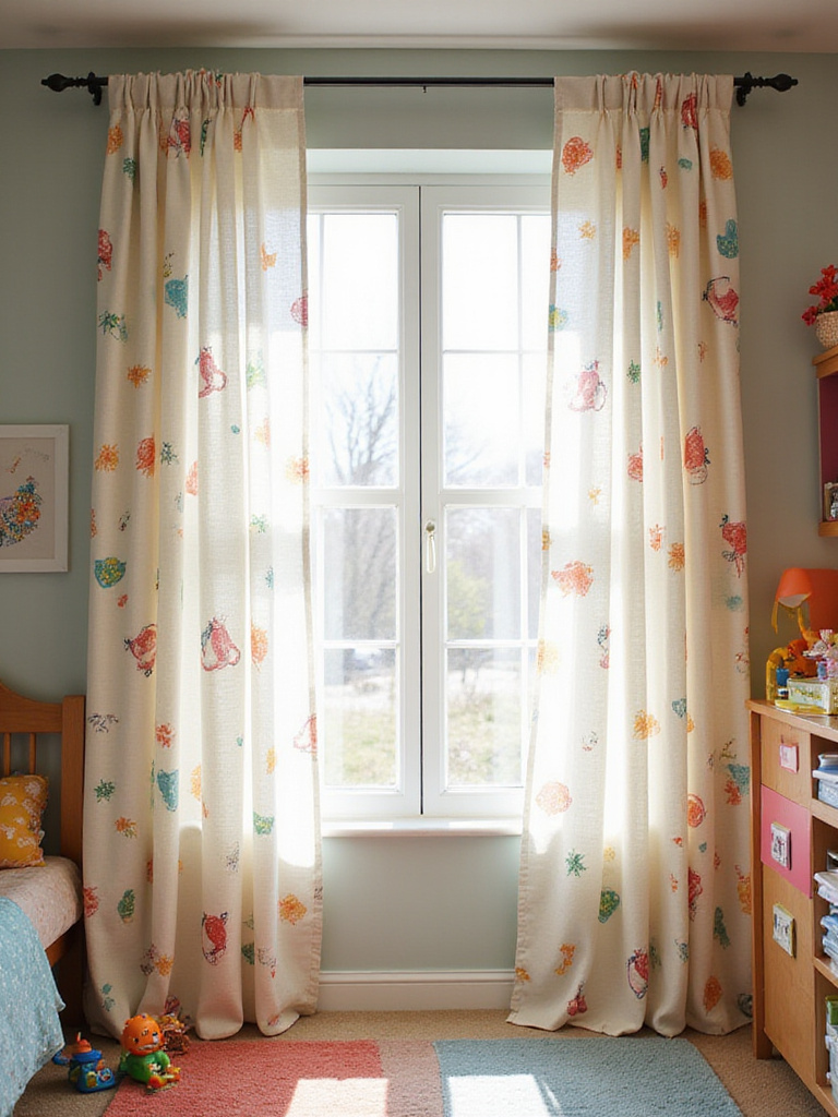 Whimsical patterned blackout curtains covering a window in a bright child's bedroom, with soft light peeking around the edges.