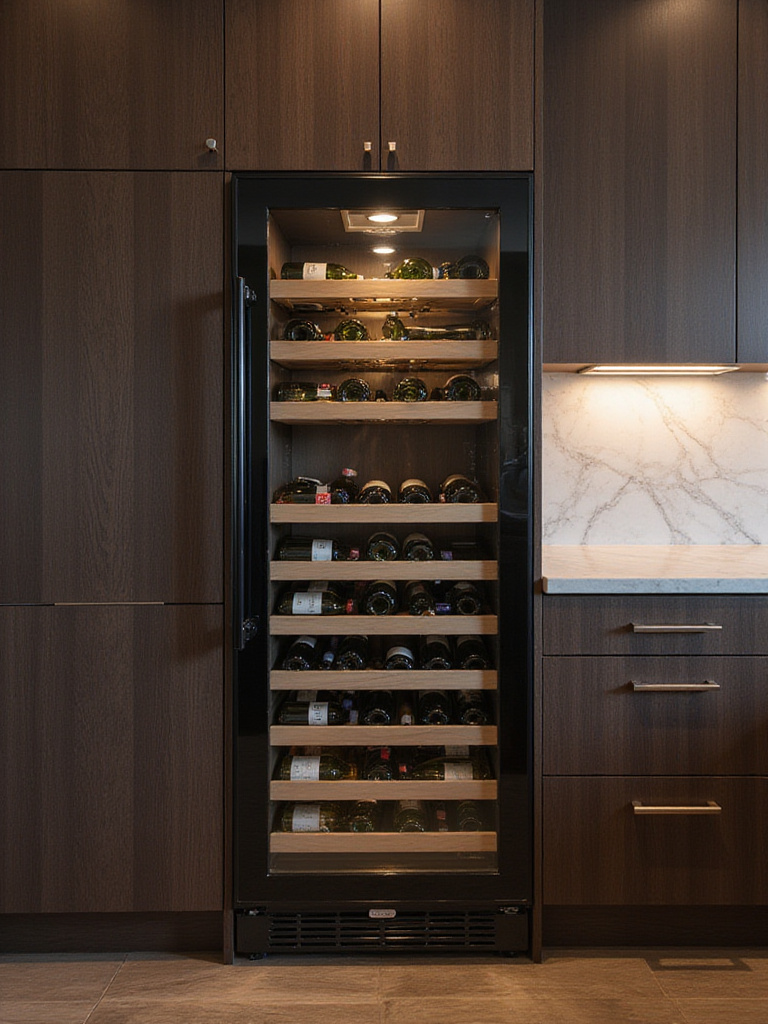 Modern kitchen design featuring a built-in wine fridge integrated into dark wood cabinetry.