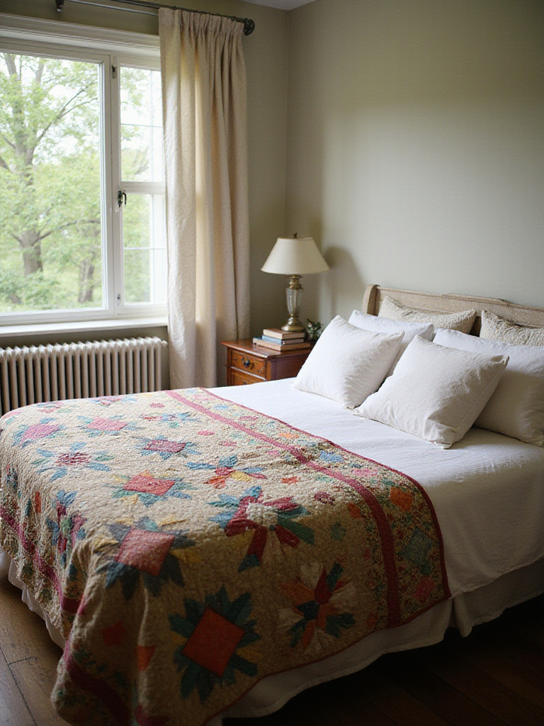 Vintage patchwork quilt draped over the end of a bed in a cozy bedroom