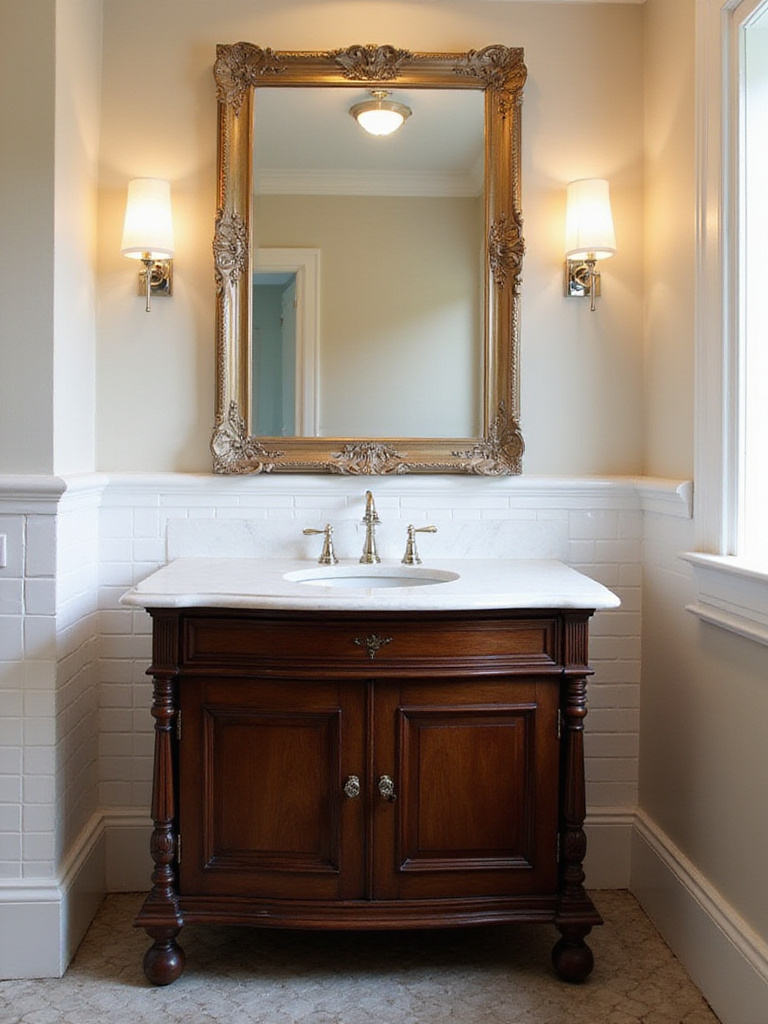 Classic dark wood freestanding bathroom vanity with marble countertop and undermount sink in a traditional bathroom.