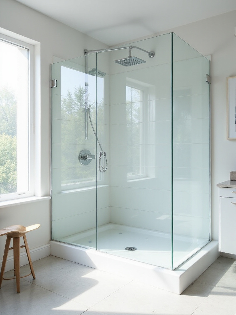 Bright, modern bathroom with a large, clean frameless glass shower enclosure.