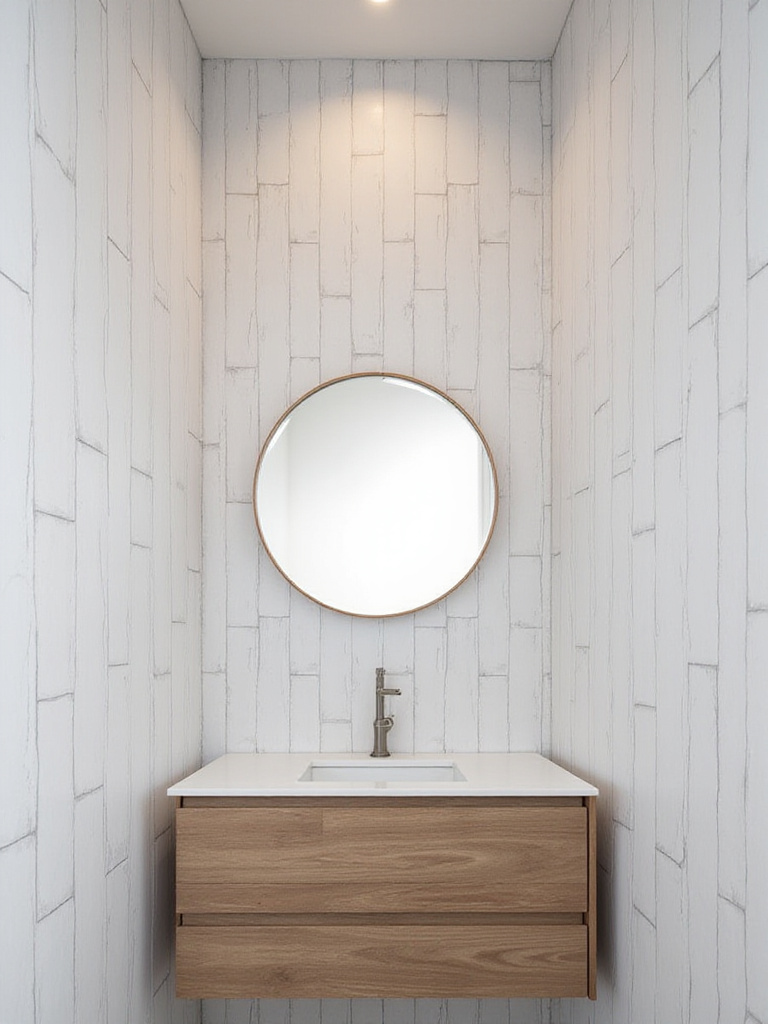 Modern bathroom with white vertically stacked subway tiles on the vanity wall creating a sense of height.