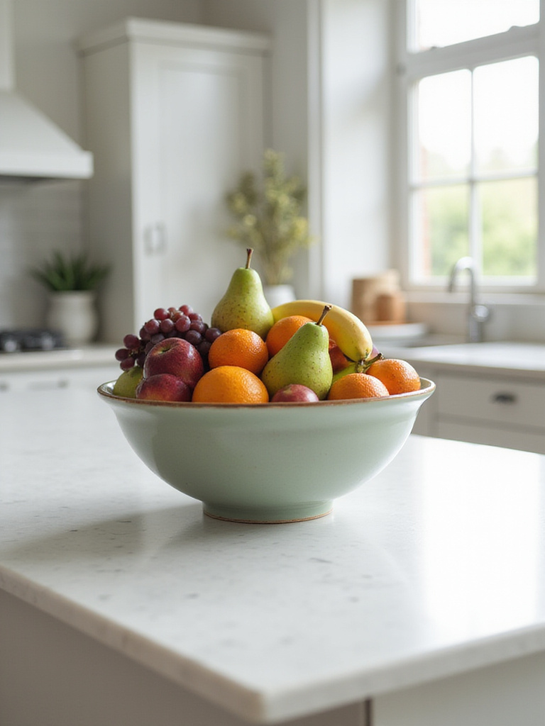 A stylish ceramic bowl overflowing with colorful fresh fruit sits on a bright white kitchen countertop, adding a pop of natural color and health.