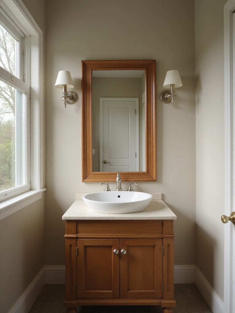 A classic wooden-framed mirror hangs above a white sink and wooden vanity in a calm, traditionally styled bathroom.