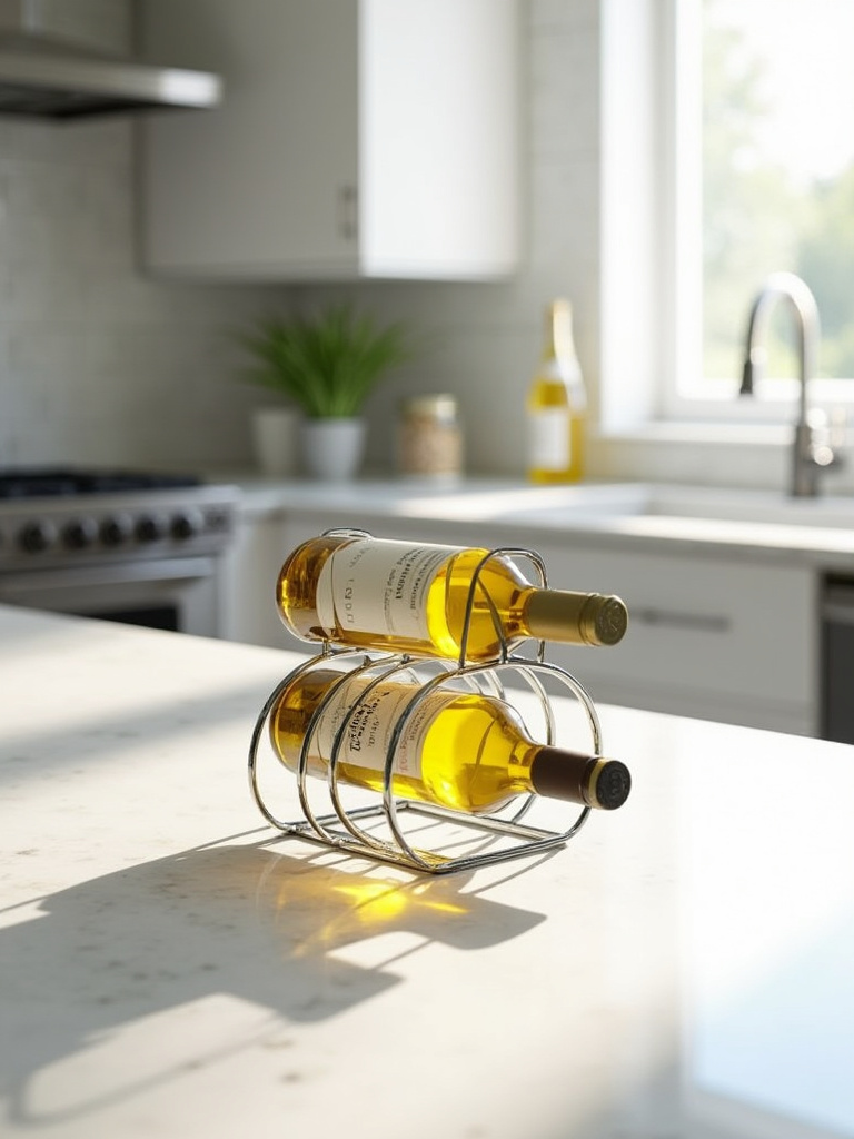 Small metal wine rack holding three bottles on a bright kitchen countertop.