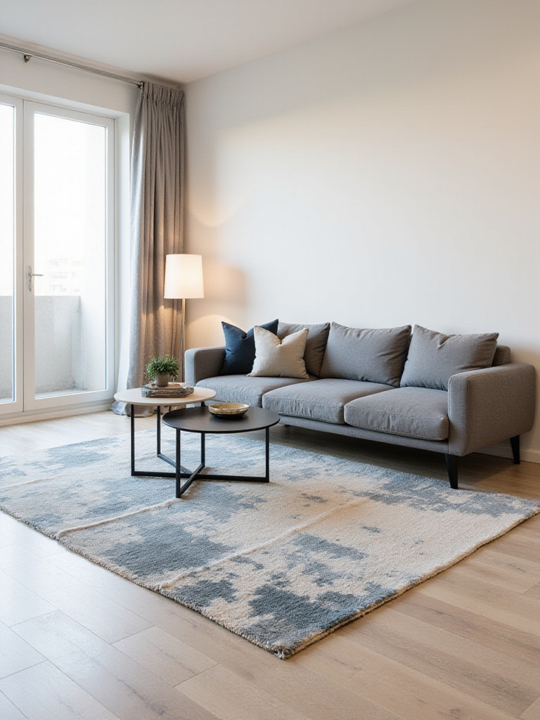 Modern living room featuring a gray sectional sofa and an abstract area rug.