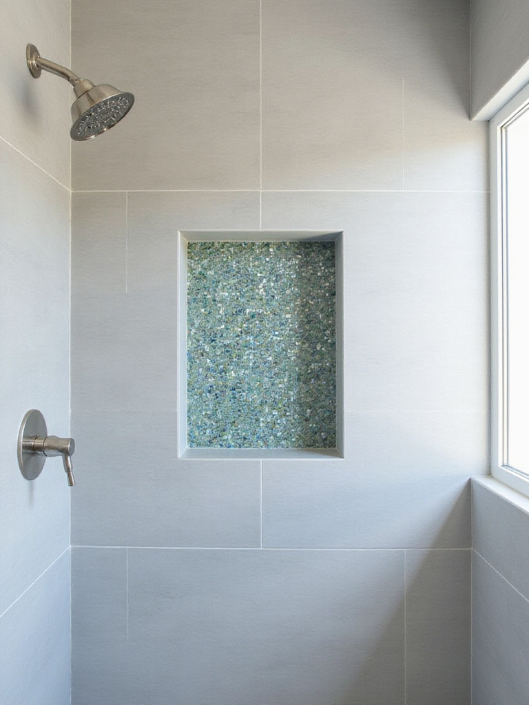 Shower niche tiled with iridescent glass mosaic tiles for an accent.