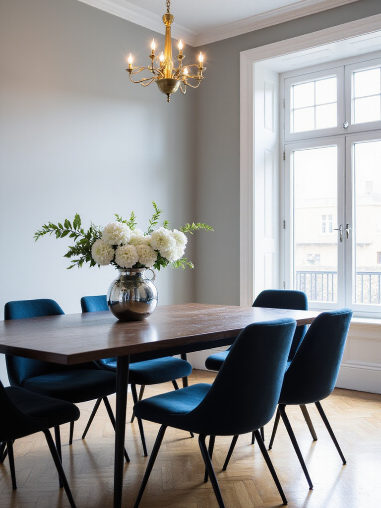 Modern dining room with brass chandelier, black metal chair legs, and chrome vase.