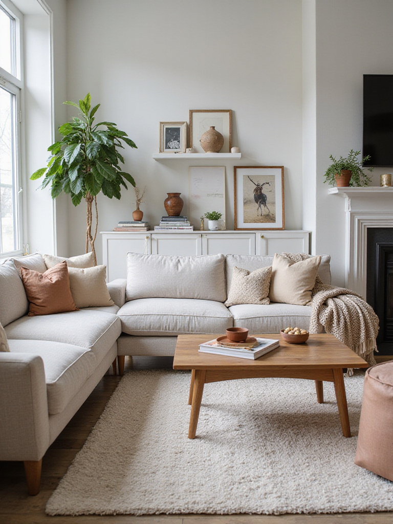 A beautifully styled living room showcasing thoughtful, non-excessive accessorizing. The space is calm and inviting with carefully placed decor on surfaces and textiles adding warmth.