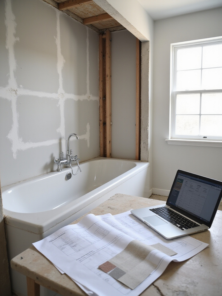 Budgeting materials, blueprints, and a laptop with a spreadsheet on a counter in a bathroom under remodel, illustrating cost estimation.