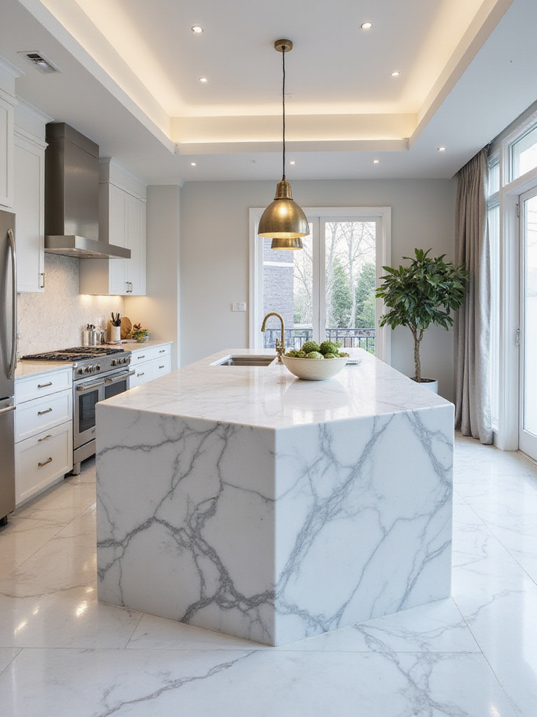 Modern luxury kitchen featuring a large island with a polished white marble waterfall edge and grey veining.