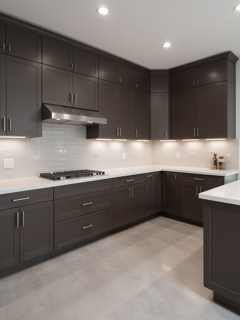 Modern kitchen with dark brown slab cabinets and white quartz countertops