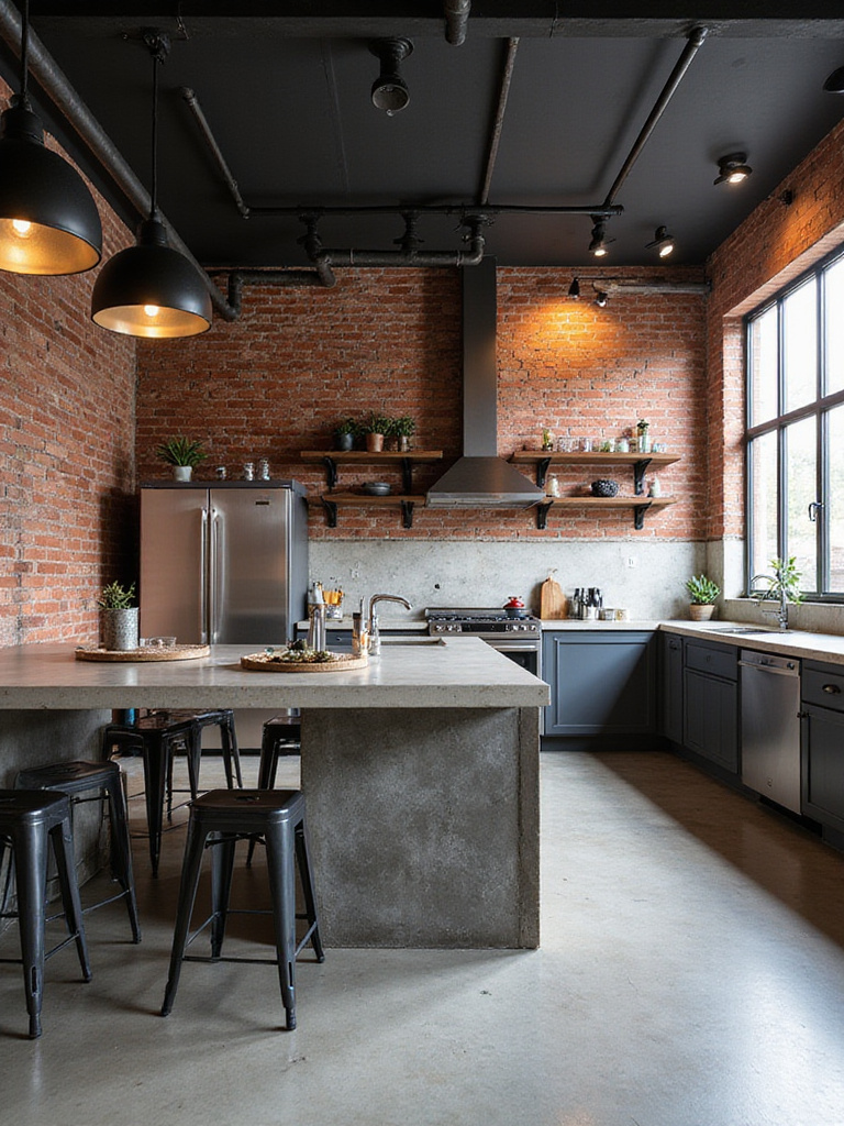 Industrial style kitchen with exposed brick, concrete floor, metal and wood shelving, and factory-style lighting.