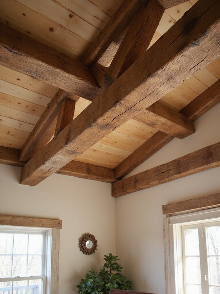 Rustic bedroom with faux and real wood beams on the ceiling