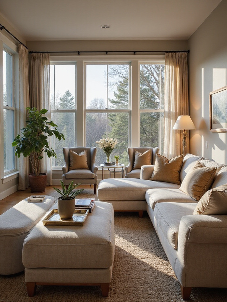 Stylish living room with a large upholstered ottoman serving as a coffee table in front of a sectional sofa, illustrating flexible seating and style options.