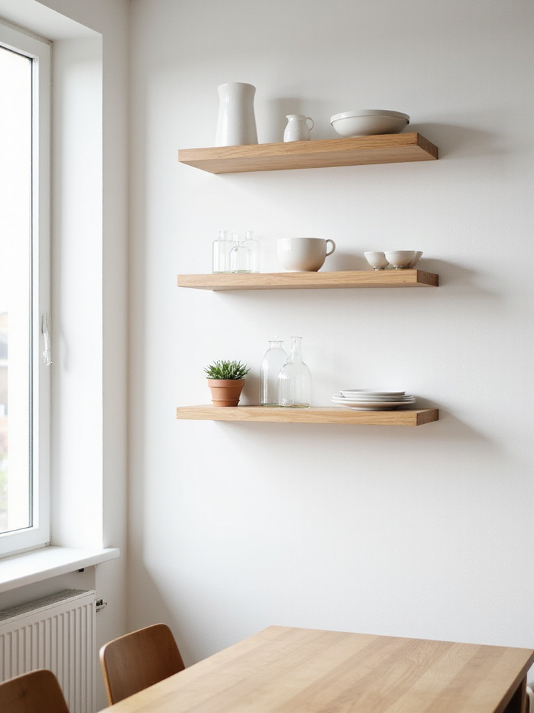 Modern dining room with light wood floating shelves displaying minimalist dishware and succulents.