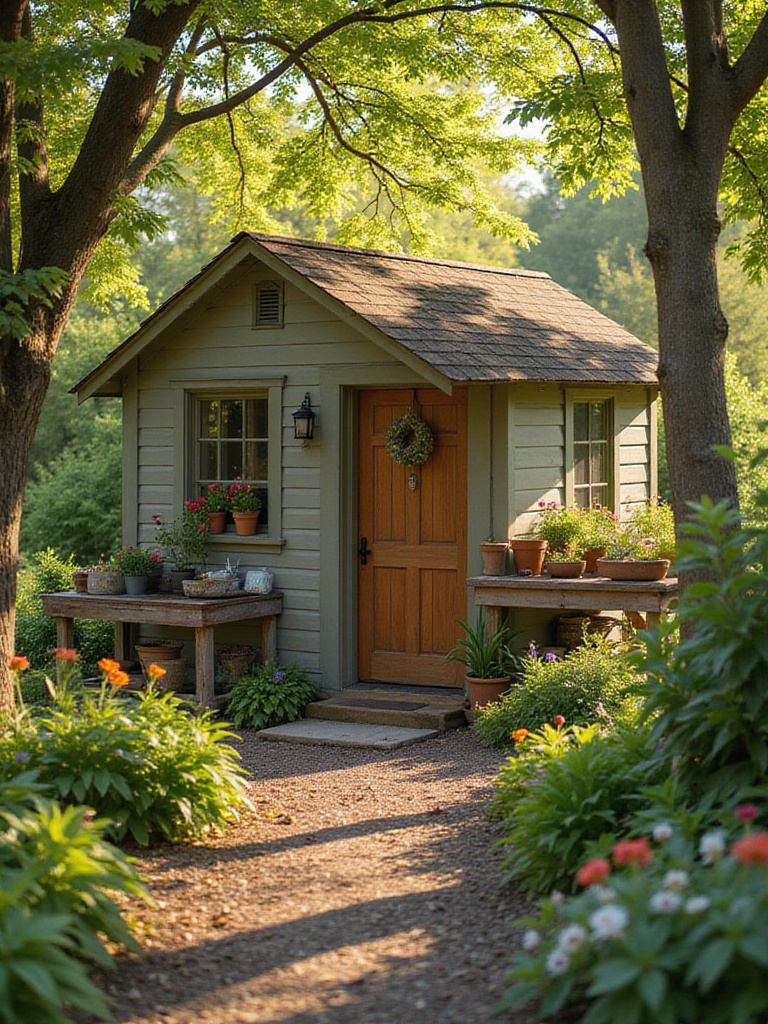 Charming small garden shed and rustic potting bench in a lush backyard garden, surrounded by plants and flowers, providing functional storage and workspace.