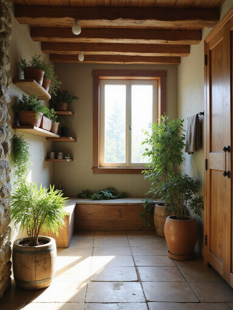 Rustic bathroom decorated with simple, natural plants in various pots and locations, including floor plants, shelf plants, and hanging plants, enhancing the natural and charming rustic aesthetic.
