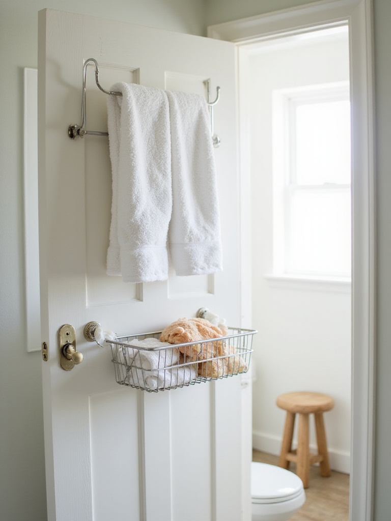 Back of a white bathroom door in a small bathroom fitted with various storage solutions including an over-the-door hook rack holding towels, a hanging wire basket with washcloths, and adhesive hooks holding a loofah and brush.