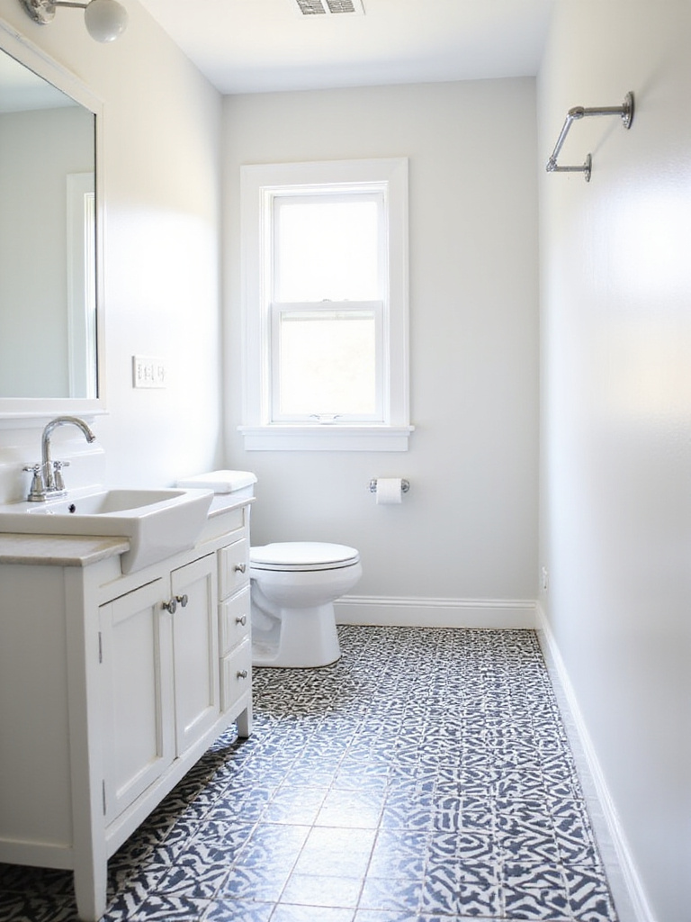 Small bathroom featuring a bold black and white geometric patterned tile floor and clean white walls.