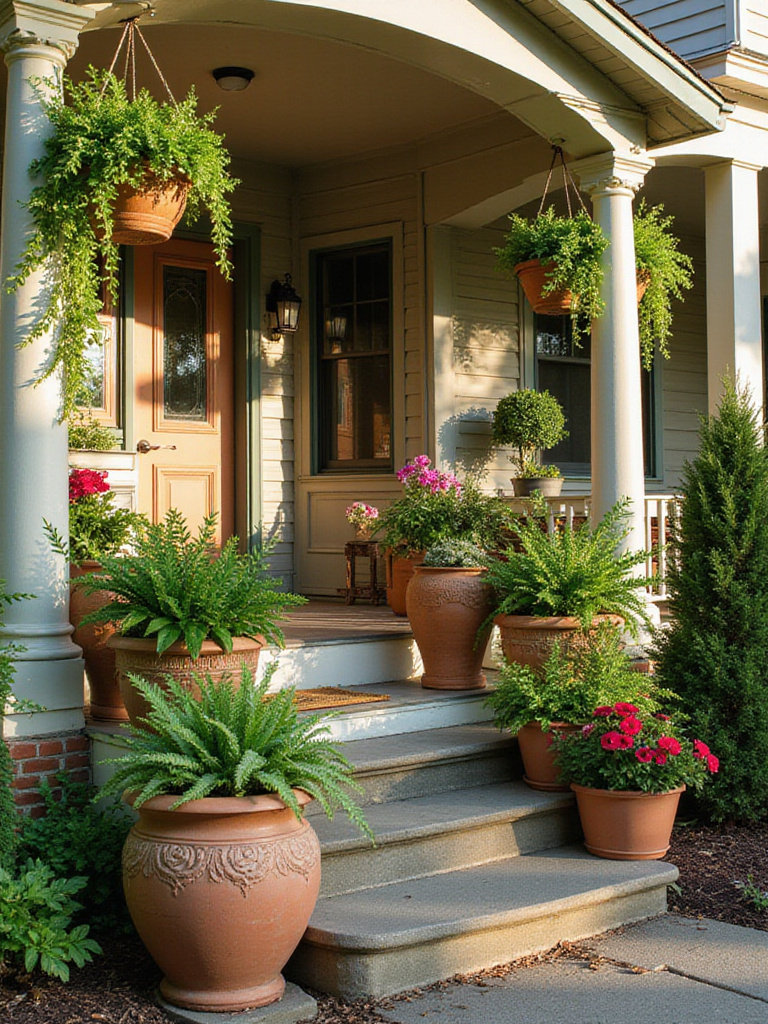 A charming front porch overflowing with a variety of lush potted plants and vibrant greenery, enhancing curb appeal.