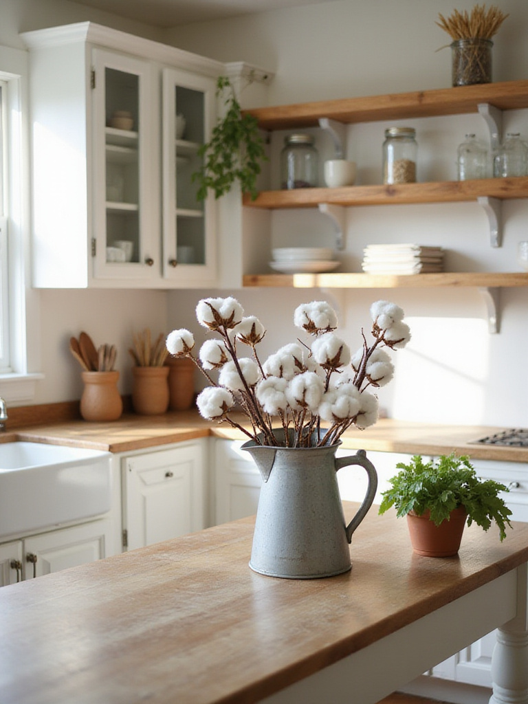 Farmhouse kitchen decor featuring cotton stems, herbs, and dried lavender