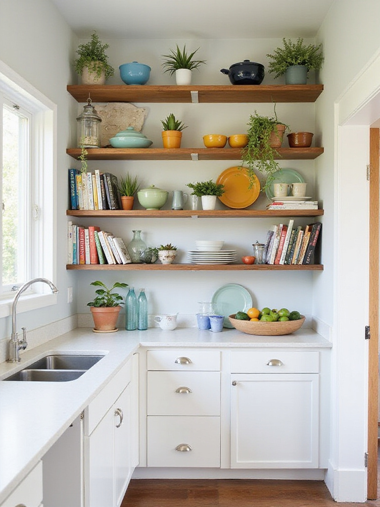 A kitchen with open shelving displaying colorful dishware and plants, enhancing the airy feel of the space.