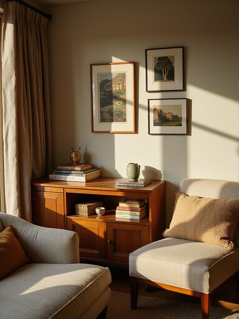 Cozy living room corner with personal travel photos, art, and collections on display, bathed in natural light.