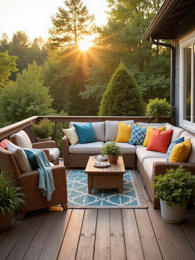 Outdoor deck decorated with colorful pillows and throws on comfortable furniture, creating a vibrant and inviting seating area bathed in warm sunlight.