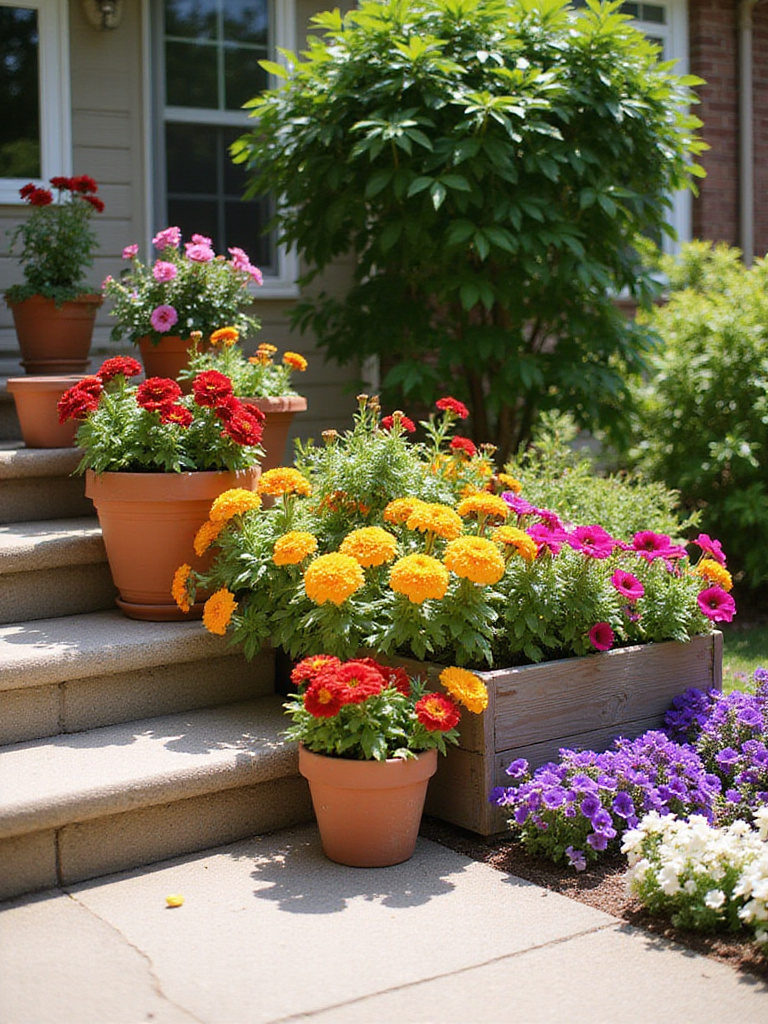Colorful annual flowers in pots and garden beds adding vibrant pops of color to a sunny backyard patio and garden area.