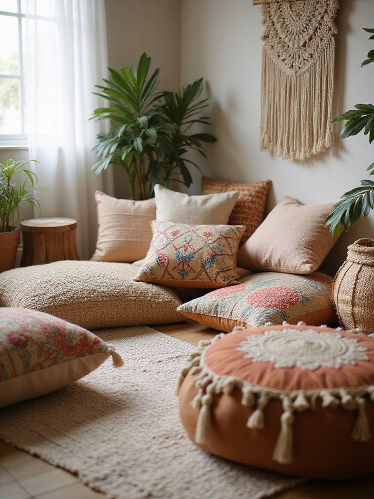 Boho bedroom featuring a cozy arrangement of poufs and floor cushions for extra seating.