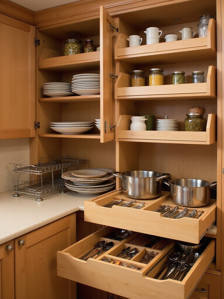 Organized kitchen cabinet with storage organizers including stackable shelves and pull-out baskets.