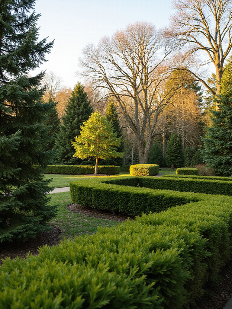A garden scene showcasing strategic planting of trees and shrubs to add structure and definition to the landscape. Features a specimen tree, hedges, and layered plantings.