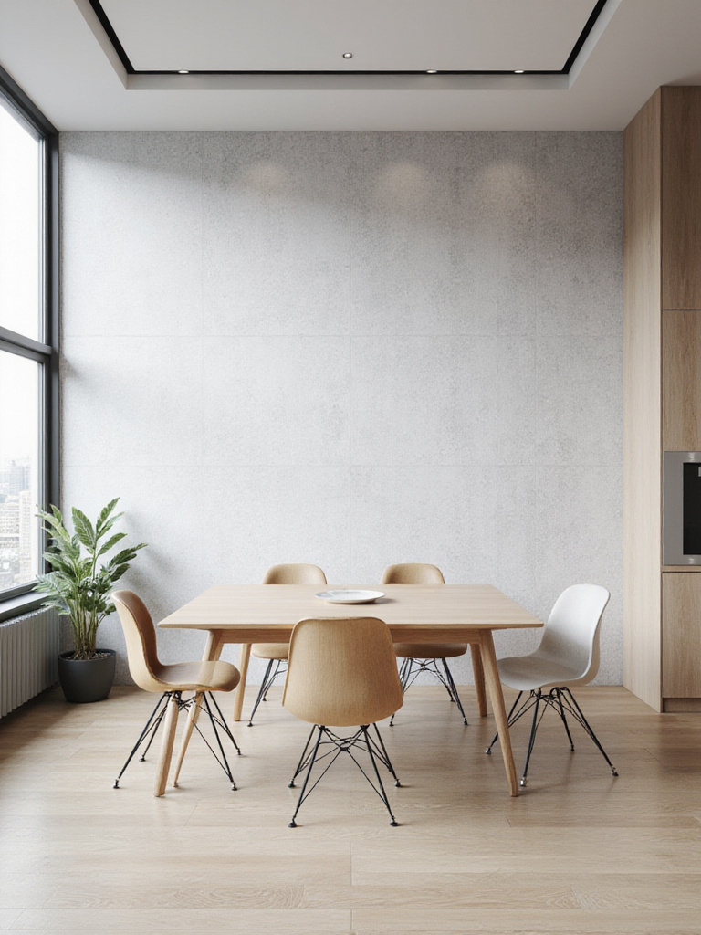Modern dining room with textured geometric wallpaper